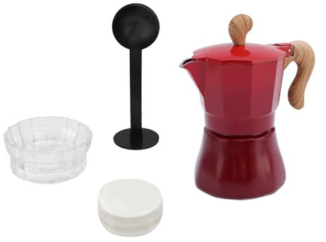Syrisora 150ml Italian Coffee Maker Single Valve Coffee Pot, 3 Cups with Coffee Distributor Spoon Paper Filter, Brewing Pot for Home Use Convenience (Gradient Red)