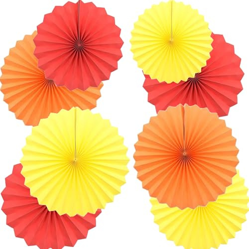 We Moment Zone Fächer Papier Deko, Rot Orange Gelb, 40.6CM(16in) und 30.4CM(12in), Hängende Papierfächer Dekoration, Party Papier Fans Dekorpapier Kit 8er Set