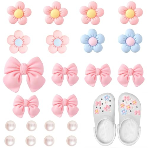 Puzxo Lote de 22 colgantes de flores rosas con perlas para zapatos, accesorios de resina para decoración de zapatos, para niñas y mujeres