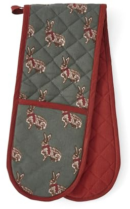 Cooksmart Christmas Heritage Hare Double Oven Glove | British designed, padded cotton, heat resistant, hanging loop, country kitchen accessory, machine washable
