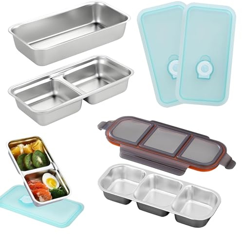Juadnic Snackbox mit Fächern Edelstahl 3er-Pack Inklusive Luftdicht Lunchboxen aus Edelstahl mit Drei und Zwei Fächern Wiederverwendbar und Spülmaschinenfest für Schule, Arbeit, Picknick und Camping
