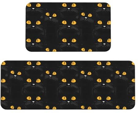 TZTTZT 2 Stück Küchenmatten für Boden, Katze, schwarz, niedlicher Druck, Küchenteppich, rutschfest, waschbar, Anti-Ermüdungsmatten für Küche, Bodenmatte, Teppiche, 2er-Set, Heimdekoration