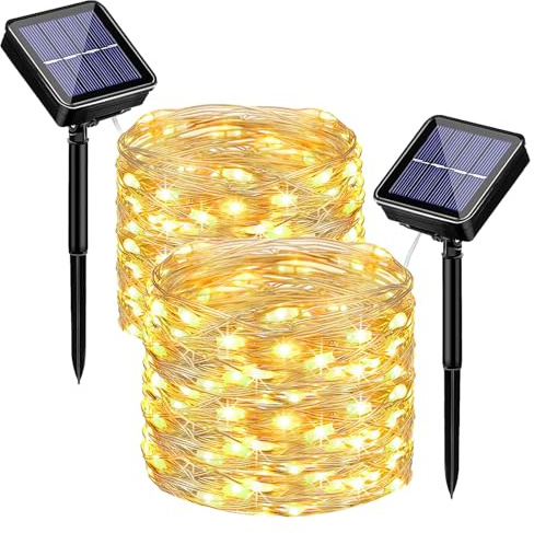 2 luci solari per esterni, 12 m, 100 LED, a energia solare, per esterni, resistente alle intemperie, 8 modalità, IP65, impermeabile, filo di rame, per esterni, per giardino, terrazza, balcone, Natale