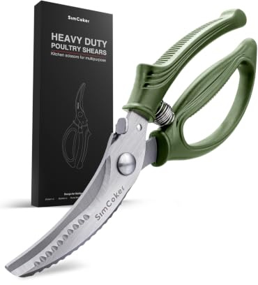 Olive Green Poultry Shears for Chicken, Meat and Bone | 3Cr14 blades with anti-slip ABS handles, built-in spring and safety lock for home and kitchen use