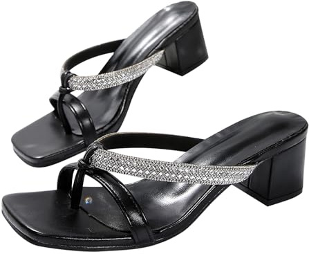 Tåseparator damer elegant med klack, flip flop damer glitter platåsandaler lätta glid sommarskor båge stöd badsandaler sommar tofflor blockklack klack klack skor fritid sandaletter, svart, 42 EU