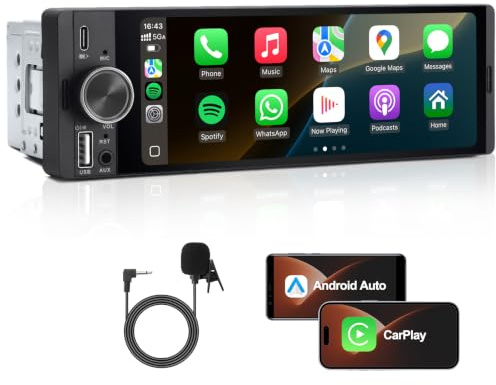 Single Din Car Stereo, 1 Din Car Radio with Wireless CarPlay & Android Auto | 6.36 Touch Screen Head Unit with Voice Control, Mirror Link, FM, Bluetooth Hands-free Calling, SWC, EQ, Type-C Fast Charge