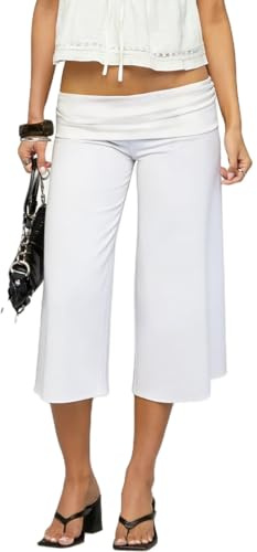 Muspeczenith Women Fold Over Capri Pants Low Rise Wide Leg Flowy Gaucho Pants Casual Yoga Crop Palazzo Lounge Bottom