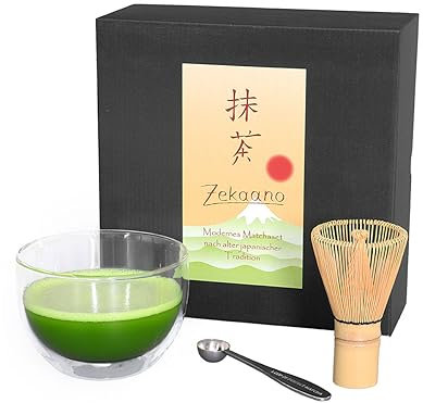 Aricola® Glas Matcha-Set 3-teilig, 400ml aus doppelwandigem Thermo-Glas/Matcha Schale/Matcha Metalllöffel/Matcha Bambusbesen, in Geschenkbox