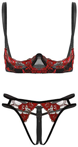 FEESHOW Womens Sexy Lingeries Lace 1/4 Cup Bra Exposed Breasts with Briefs T-Back Bikini Set 2# Red One Size