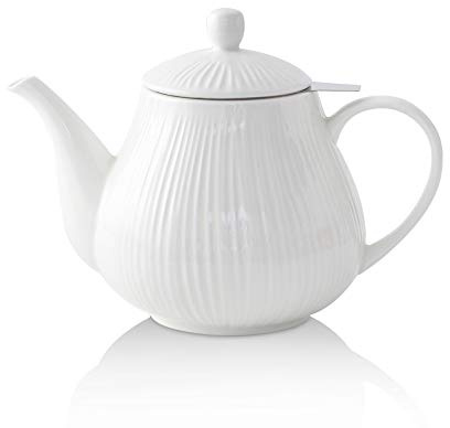 KOOV Ceramic Teapot with Infuser, 40 ounce Tea Pot with Infuser for Loose Tea, Large Enough For 6 Cups, Tea Kettles, Non-Electric (Cream)