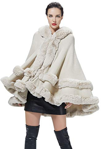 BEAUTELICATE Poncho Mantella Lavorato a Maglia con Cappuccio in Pelliccia Sintetica Scialle Stola Cappotto Cardigan Donna per Matrimonio Invernale Festa (Beige, Taglia Unica)