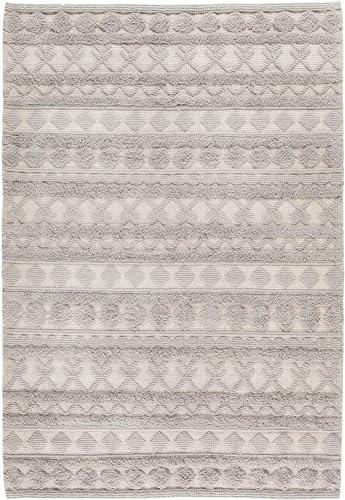 -LUXOR- living Wollteppich Hägga – handgewebter Teppich aus Wolle & Baumwolle, Hoch-Tief Struktur, weich & gemütlich, für Wohnzimmer, Schlafzimmer & Flur, skandinavisches Design, Grau, 70 x 140 cm