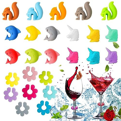 dcas 25 Stück silikon Tier glasmarkierer, Silikon Wein Marker, Teebeutel Halter Silikons, SilikonGlasmarkierer anhänger, Wiederverwendbare SilikonWeinglasmarker, Cups Marker Silikons(4Form)