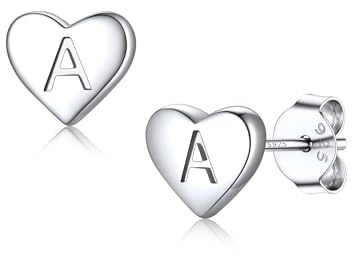 S925 Sterling Silver Heart Studs Earrings for Women, Hypoallergenic 26 Initial Letter A-Z Small Tiny Earrings for Girls Ladies Mum Daughter Sisters Friends Lover Silver Jewellery with Gift Box