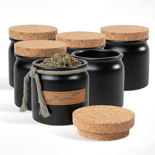 Tuuters Keramik Gewürzgläser Set mit Korken - 150ml Korkenglas mit Lichtschutz (6 Stück schwarz Griffkorken)