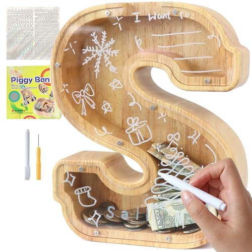 Lakpopya Spardose Kinder Jungen, Personalisiert Holz A-Z Sparschwein | Durchsichtig Buchstabe A-Z Sparbüchse für Kinder Mädchen Erwachsene mit Aufklebern und Filzstift, Taufe Geschenk Dekoration