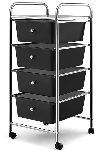 COSTWAY Rollwagen mit 4 stapelbaren Schubladen, Schubladenwagen Rollcontainer mit Metallgestell und Ablagefläche, Badrollwagen Aufbewahrungswagen für Büro, Wohnzimmer (Schwarz)