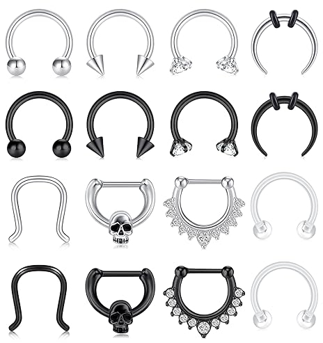 VF VFUN 16G 10MM Hufeisen Piercing Septum Nase Ring für Damen Herren Edelstahl Nasenring Helix Knorpel Ohrpiercing 16Stück Silber Schwarz