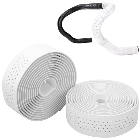2 Stück Fahrrad Lenkerband Weiß PU Leder EVA Selbstklebende Lenker Band | mit Abklebeband und Lenkerstopfen, 200 x 3 cm 3mm Dicke Rutschfest Griffband für Mountainbike Rennrad