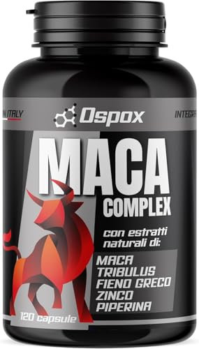 Ospox Maca Peruviana Nera con Tribulus Terrestris 120 Capsule (4 mesi) - Complex Radice di Maca Nera, Tribulus, Fieno Greco, Zinco e Piperina