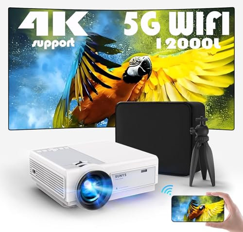 Sunys Mini Proiettore con Android TV 9.0, 4K/1080P Smart Proiettore con WiFi e Bluetooth, 12000 L, Proiettore Portatile per Telefono con Treppiede e Borsa per il Trasporto, per Interni/Esterni