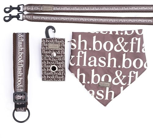 bo&flash 4-teiliges Hundeleinen Set Pittsburgh M Taupe – Verstellbare Hundeleine und Halstuch – Modisches Hundehalsband und Leine Set – Hochwertig, reflektierend und sicher