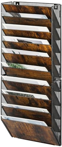 Solinxe Zeitungshalter Wand aus Holz mit 10 Fächern Metall Zeitungsständer Hängeregister Wandablagefächer A4 Papier Dokumentenablage Büro Schule Ablage Organizer, Schwarz/Antik