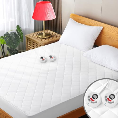 Heated Mattress Pad Queen Size Quilted Zone Heating Electric Bed Warmer Luxury Comfort Heat Mattress Pad Cover Dual Controller（10 Heat Setting | 1-12 Hours Auto Shut Off | with 8-21 Inch Deep Pocket）