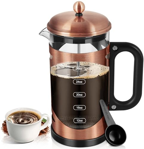 YMMIND Cafetera de prensa francesa de 34 onzas, prensa de café de acero inoxidable de cobre, con sistema de filtro de 4 niveles, vidrio de borosilicato de grosor resistente al calor, cafetera