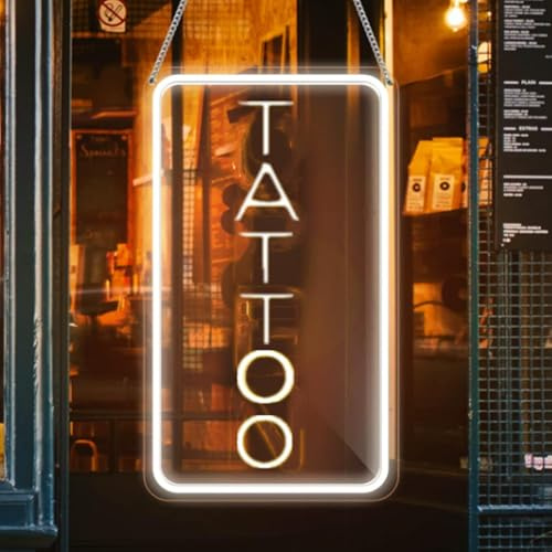 Neon Tattoo Light,LED Arylic Tattoo Neon Sign for Tattoo Shop Door Wall Light up Decor,Reusable and Dimmable Tattoo Gifts for Tattoo Lover,Tattoo Decor Shop Sign Open,16x9In(Warm White Tattoo)