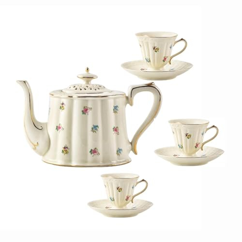 Tea Set for Adults Porcelain Coffee Cups and Saucers Bone China Pink Teapot Sets Old Country Roses Teapot 7 Pieces,B (B)