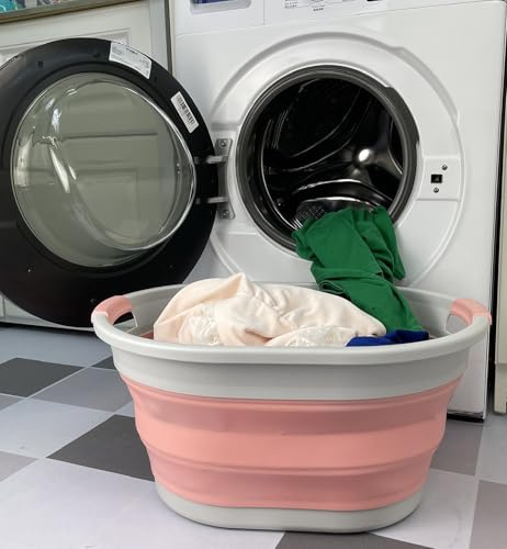 SAMMART Zusammenklappbarer ovaler Wäschekorb aus Kunststoff – Faltbarer Pop-Up-Aufbewahrungsbehälter/Organizer – Tragbare Waschwanne – Platzsparender Wäschekorb (Grau/Quarzrosa, 32L)
