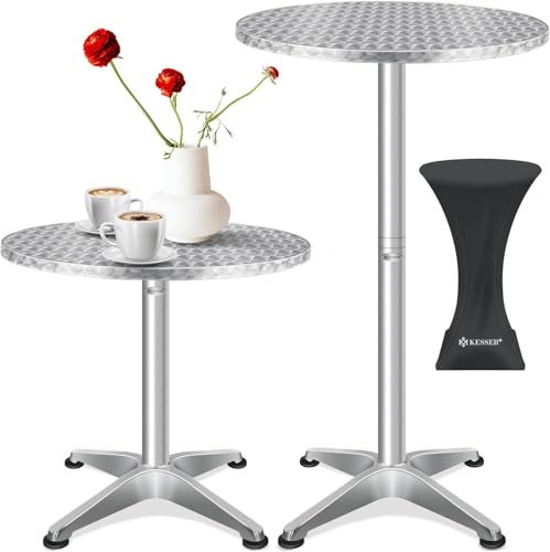 KESSER® 2in1 Stehtisch Bistrotisch 1er Set | Aluminium Edelstahlplatte | höhenverstellbar 70cm / 115cm | Partytisch Tisch Ø 80cm | Rund | In- & Outdoor | Empfangstisch | Inkl. Husse | Silber