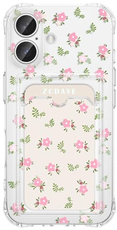 ZCDAYE Hülle für iPhone 16 mit Kartenhalter, Süße Blumen Muster Handyhülle TPU Klare Hülle Elegant Frau Damen Handytasche Stabil Edel Tasche für iPhone 16 (6.1 inch), Frisches Rosa