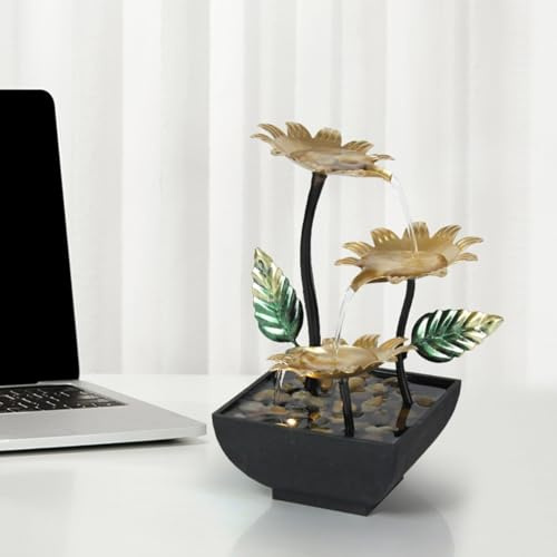 MIXIUJIEN Fontana da tavolo a forma di fiore di loto con luci a LED e foglie verdi, fontana zen per interni, per casa, ufficio, decorazione relax