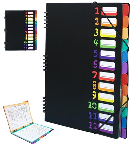 Fächermappe A4, Dokumententasche A4 Mit 12 Fächer, Bunte Mappen Ordnersystem Tragbar Fächermappe Mappen Ordnersystem für Schule Bürobedarf, Schwarz