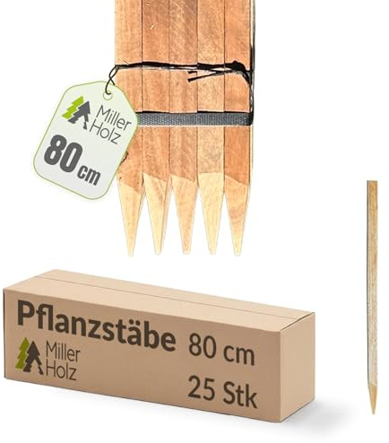 Holzpfähle Holzpflöcke Pflanzstäbe quadratisch mit vierkant Spitze 25 Stück | Eukalyptus | Holzpfähle für Markierungen | Rankstab für Pflanzen, Holzpfosten zur Abgrenzung - Stärke 2,2x2,2cm (80)