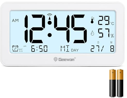 Geevon DCF Digital Wecker, Funkwecker mit Temperatur/Luftfeuchtigkeit LED Anzeige, zwei Weckeroptionen, einfacher, Betrieb dekorativer Clock für Schlafzimmer Tisch und Wohnraum (347 Weiß mit Batterie)