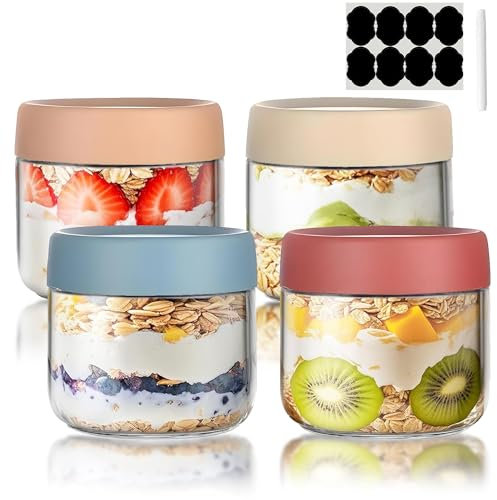 Overnight Oats Jar, 4 Pcs Glass Container with Sealed Screw Lid, 11 Oz Wide-Mouthed Sealed Food Storage Container, Mason Salad Jar is Used to Store Grains, Yogurt, Fruits, Candies, and Jams.
