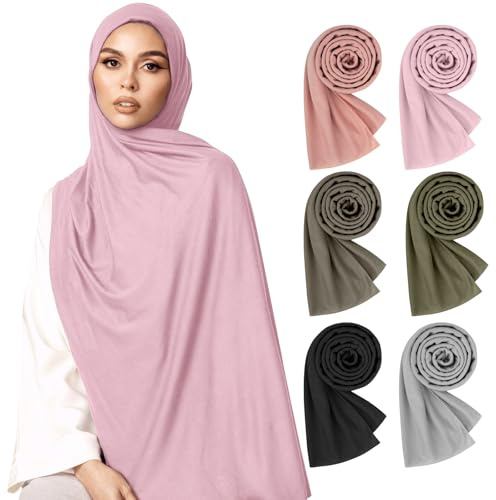 HQEUZ 6 Stück Hijab Kopftücher für Damen, Langer Schal, Leichte Muslimische Kopfbedeckung Jersey Stoff, Weiches Hijab Tuch, Modernes Kopftuch Set für Frauen