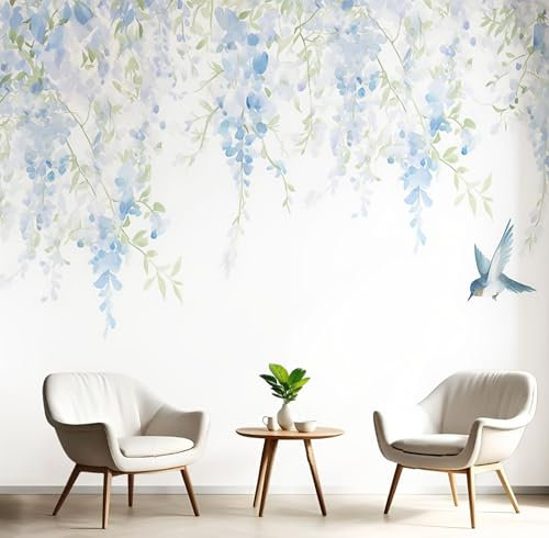 Panorama Carta Da Parati Murale Con Effetto 3D 200×140cm, Parati Murali Fotografica Glicine Blu, Murales Fotografici Uccelli Fiori, Adesivo Da Parete Poster Decorativo