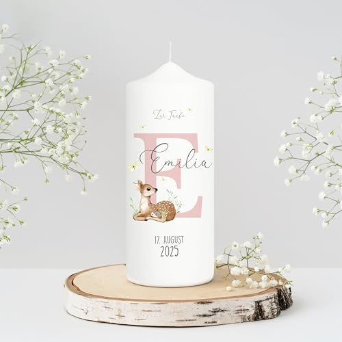 Wandtattoo Loft Taufkerze Junge Mädchen bedruckt personalisierter Buchstabe Reh Rehkitz Kerze zur Taufe Geburtstag Geschenk/Mädchen/Patenkerze 18 x 7 cm