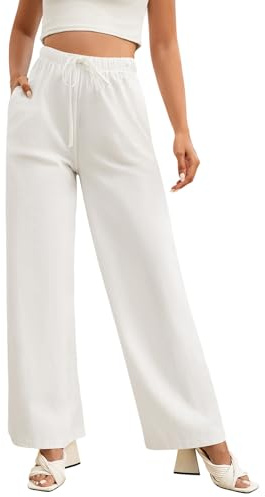 Zilams Pantalones Mujer Verano Frescos con Cintura Elastica Pantalon Ancho Mujer con Cinturón y Bolsillos Pantalon Algodón y Lino Cómodos Largo Casual Blanco S