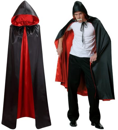 Kezidhp Capa Halloween con Capucha 150cm, Disfraz Vampiro Adulto Negro y Rojo Reversible, Capa Larga para Hombres Mujeres Jóvenes, Carnaval, Cosplay, Fiesta de Halloween
