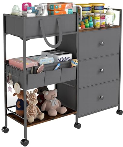 danpinera wickeltisch Organizer, wickelkommode Organizer mit Trennwänden, 3 Schubladen, Wickeltisch Rollwagen, aufbewahrungswagen für Kinderzimmer, Schlafzimmer, Groß