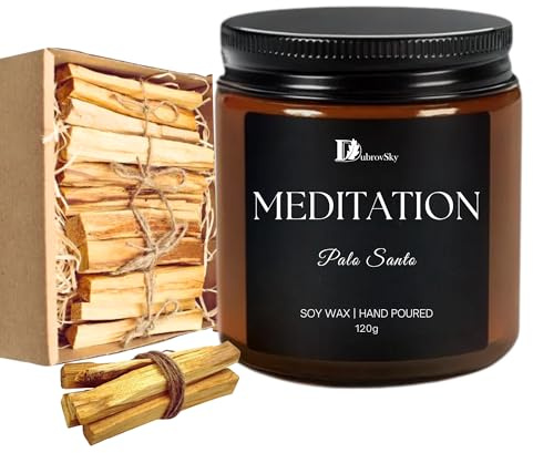 Meditationsset mit handgemachter Aromakerze & Räucherholz | Sojakerze mit ätherischem Palo Santo Öl & 50 g Palo Santo Holz aus Peru | Duftkerze für Entspannung, Yoga & Raumreinigung