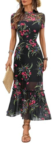 GothDark Women's Summer Maxi Dress Floral Mesh Party Wedding Guest Dress