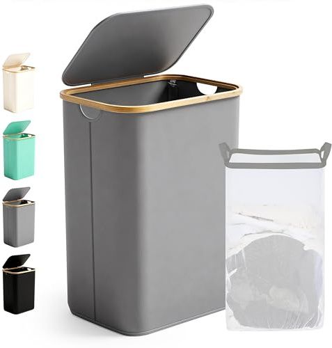 Ribelli Wäschekorb 85 Liter, Faltbarer Wäschesammler mit Deckel und Herausnehmbar Wäschesack, Wäschetonne Schmal für Waschküche, Bad, Schlafzimmer, Grau