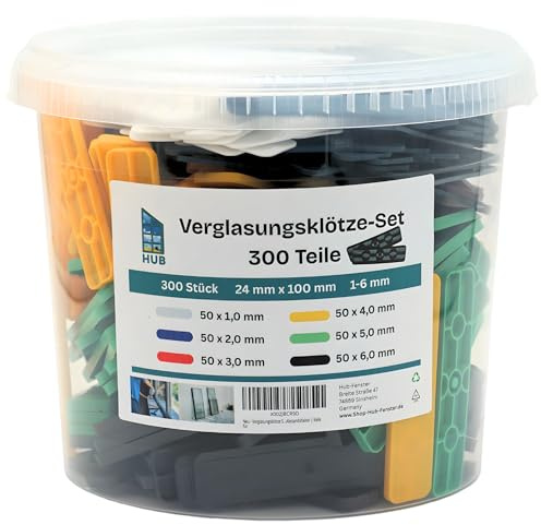 Glazing Blocks Set 300 Pieces | 24 mm Underlay Blocks 1 to 6 mm in Bucket | Plastic Support Blocks & Underlay Plates - Rear Ventilated & Ribbed | Window Mounting Blocks | Spacers | Wedges for