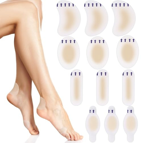 12 Tiritas para Ampollas de Hidrocoloide, Apósitos Adhesivos Impermeables y Transparentes para Pies, Talones y Dedos, 4 Formas Ergonómicas para Alivio de Rozaduras y Protección Segunda Piel
